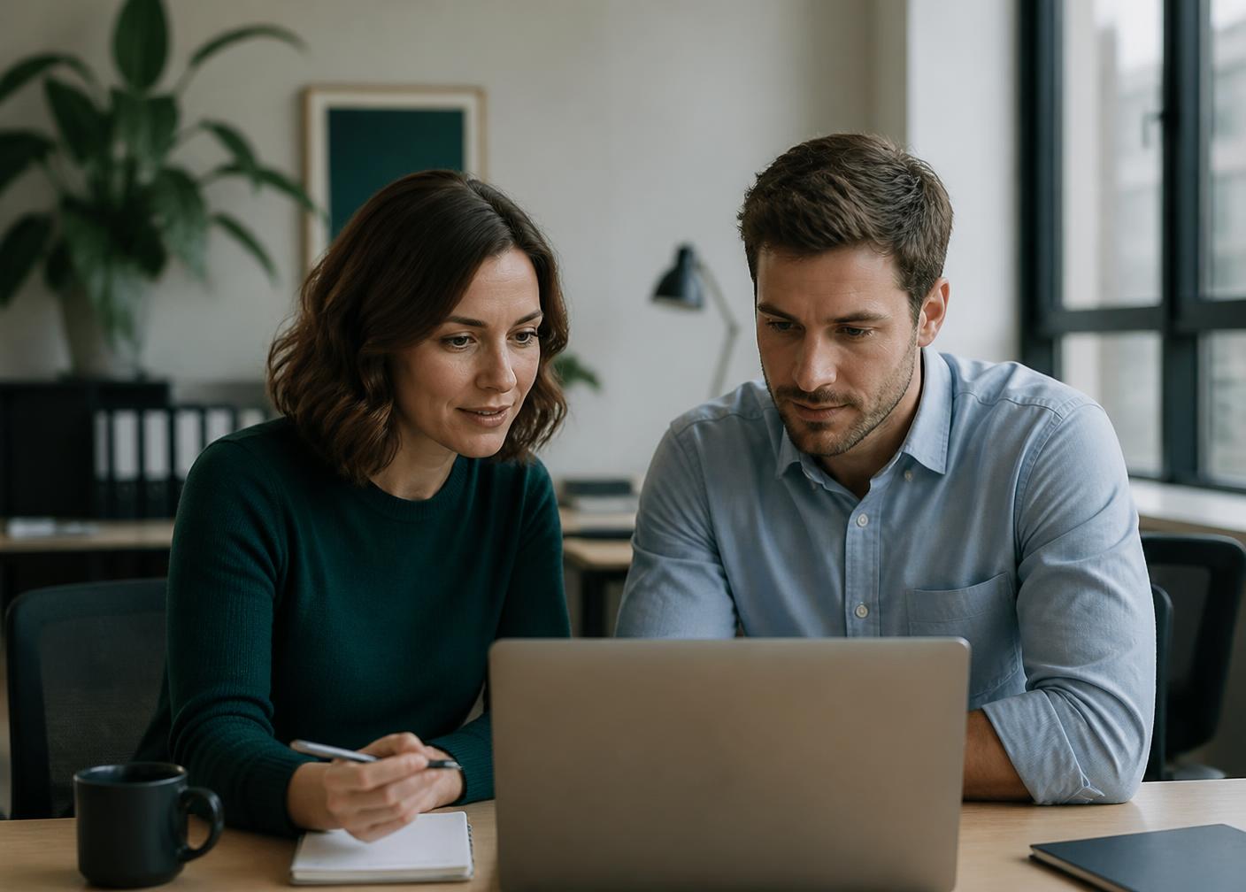 Two colleagues reviewing their IT setup together at a desk